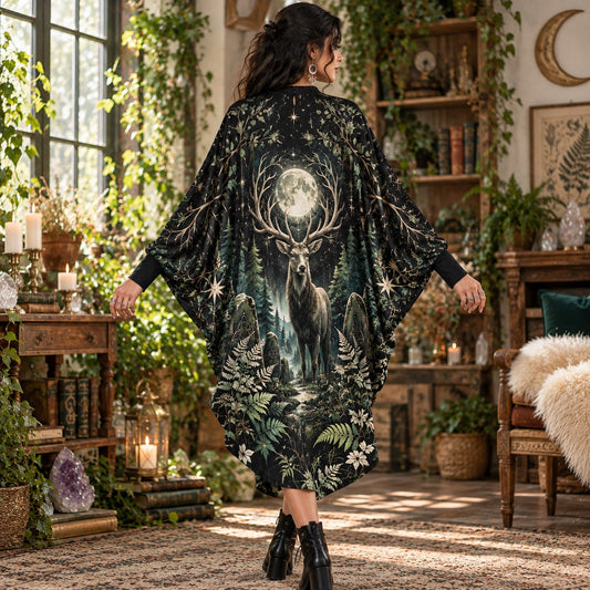 Moonlit Stag Pagan Batwing Dress โ Forest Witchy Full Moon Midi โ worn, back view