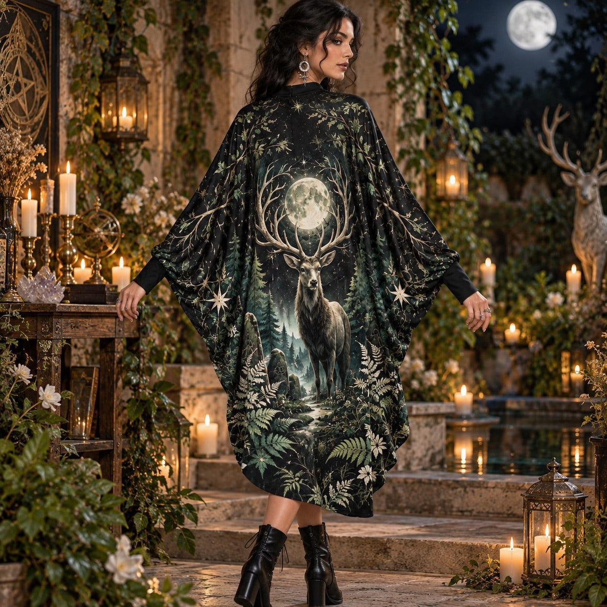 Moonlit Stag Pagan Batwing Dress – Forest Witchy Full Moon Midi – worn, three quarter view