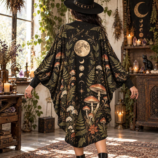 Mushroom Moon Witchy Batwing Dress – Pagan Botanical Fern Midi – worn, back view