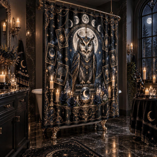 Owl Tarot Shower Curtain - Celestial Moon Witchy Decor, styled shot 2