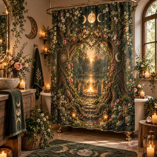 Pagan Shower Curtain - Beltane Sacred Grove Moon Arch Decor, styled shot 2