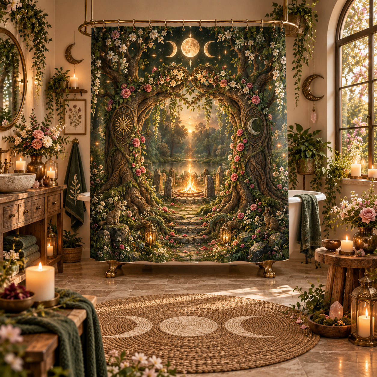 Pagan Shower Curtain - Beltane Sacred Grove Moon Arch Decor, styled shot 5