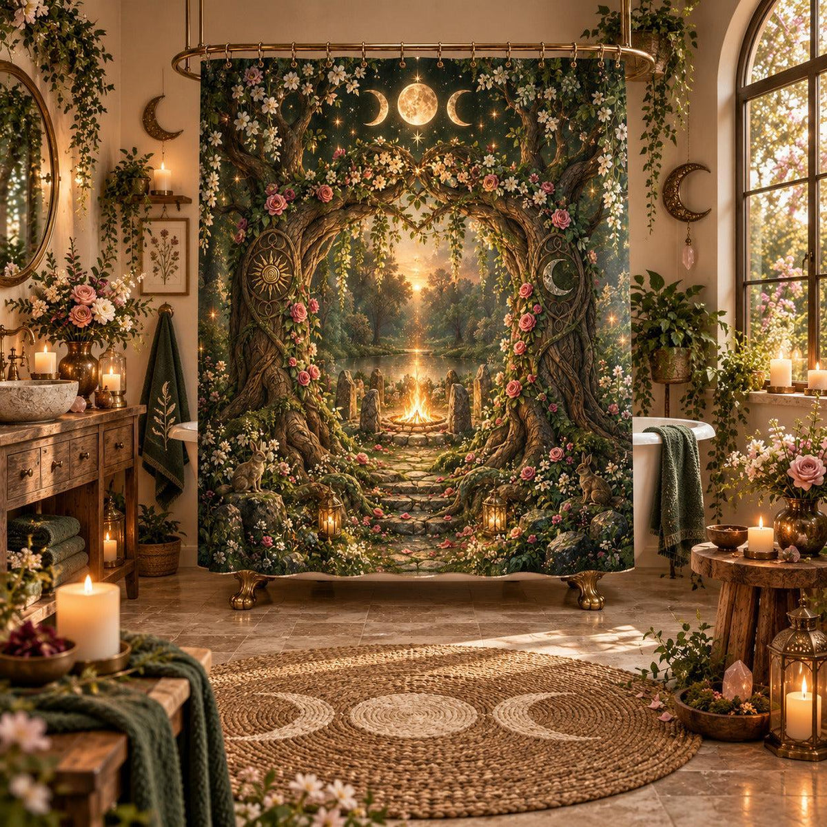 Pagan Shower Curtain - Beltane Sacred Grove Moon Arch Decor, styled shot 5