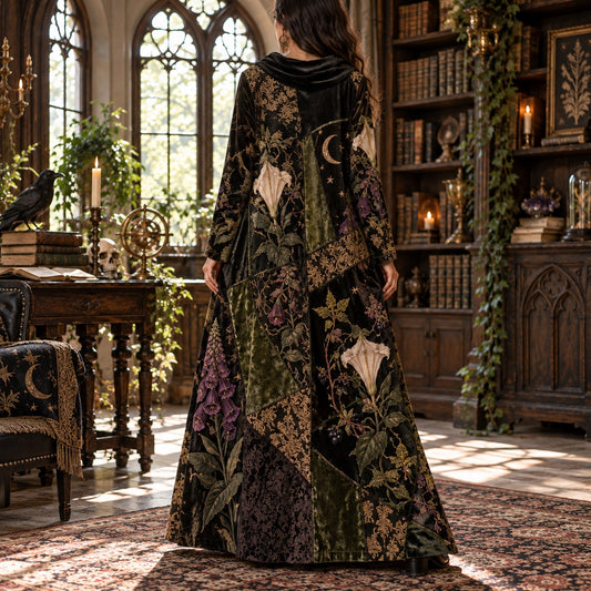 Poison Botanica Noir Gothic Cowl Neck Dress โ Witchy Botanical Maxi โ worn, back view
