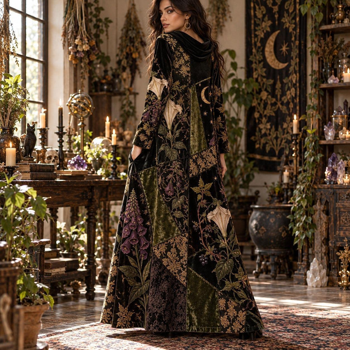 Poison Botanica Noir Gothic Cowl Neck Dress – Witchy Botanical Maxi – close up of the printed artwork