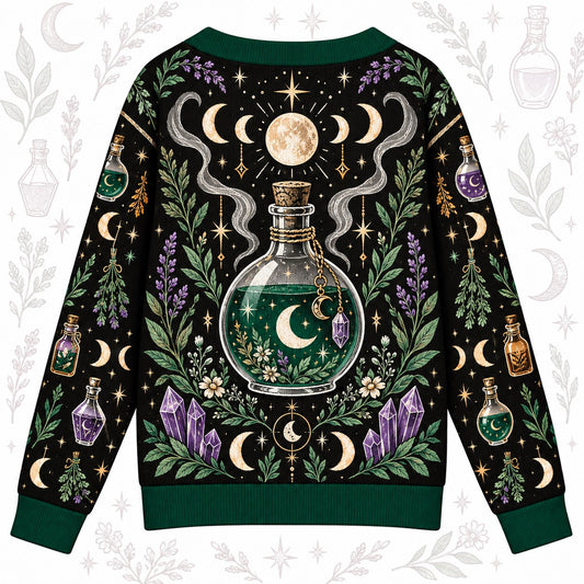 Potion Bottle Lavender Witchy Cardigan for Women Green Apothecary, back view