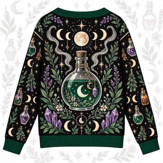 Potion Bottle Lavender Witchy Cardigan for Women Green Apothecary, back view