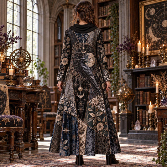 Raven Alchemist Gothic Cowl Neck Dress โ Witchy Celestial Moon Maxi โ worn, back view