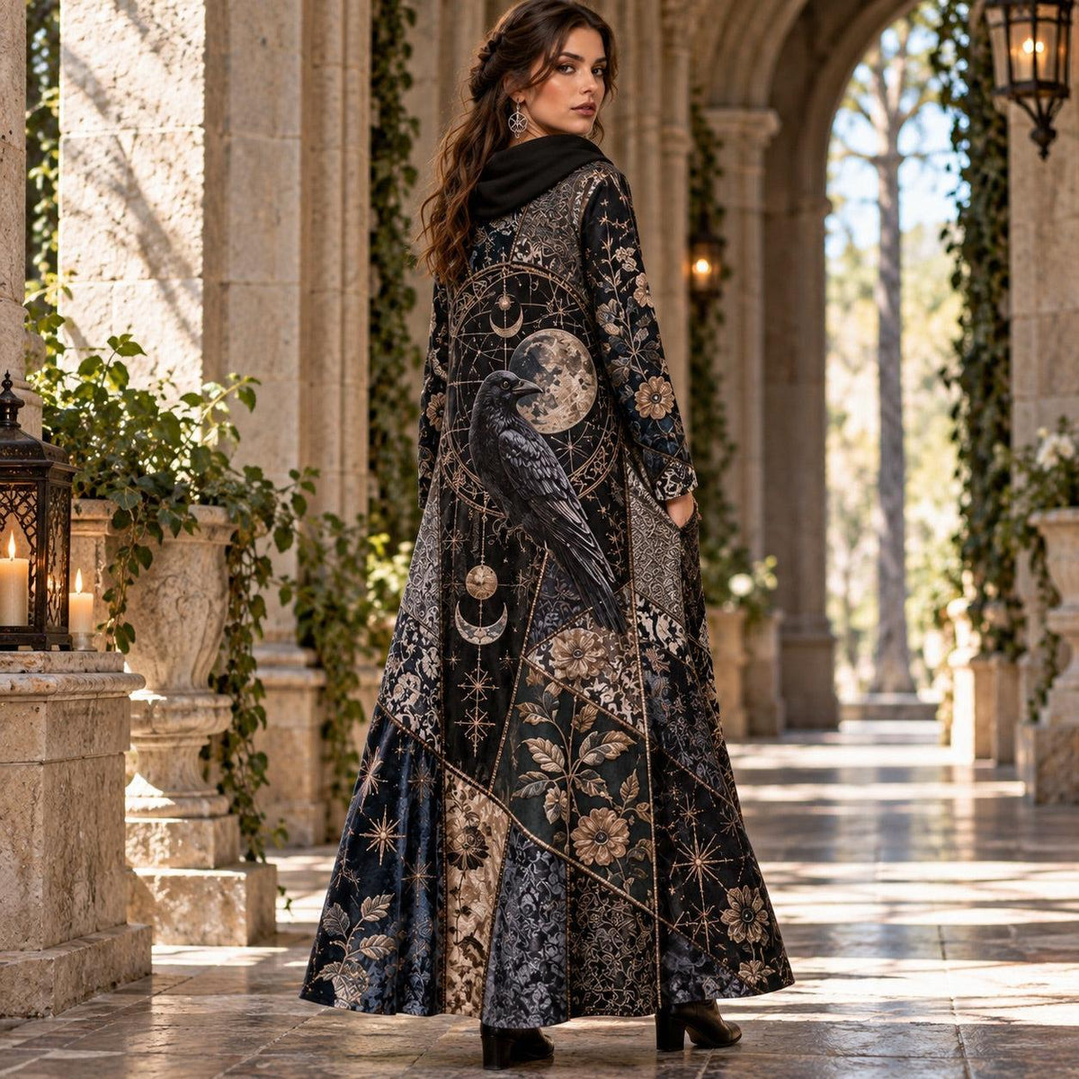 Raven Alchemist Gothic Cowl Neck Dress – Witchy Celestial Moon Maxi – worn, three quarter view