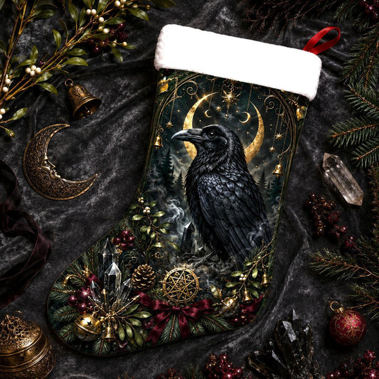 Raven And Pentacle Christmas Stocking Mistletoe Pagan Yule Decor, styled shot 2