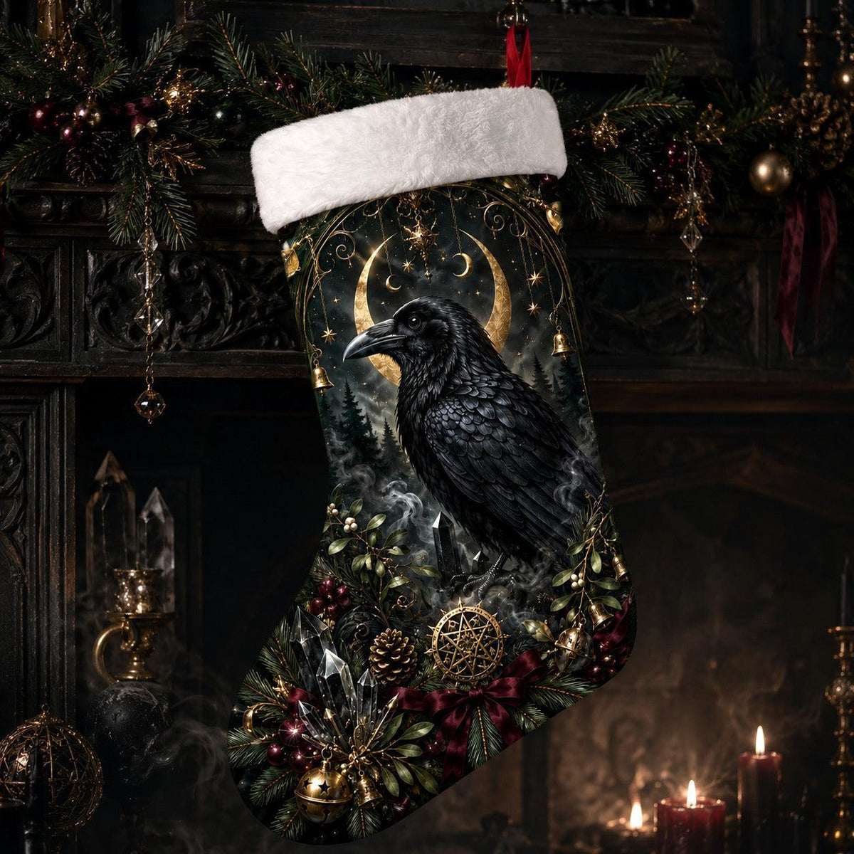 Raven And Pentacle Christmas Stocking Mistletoe Pagan Yule Decor, styled shot 3