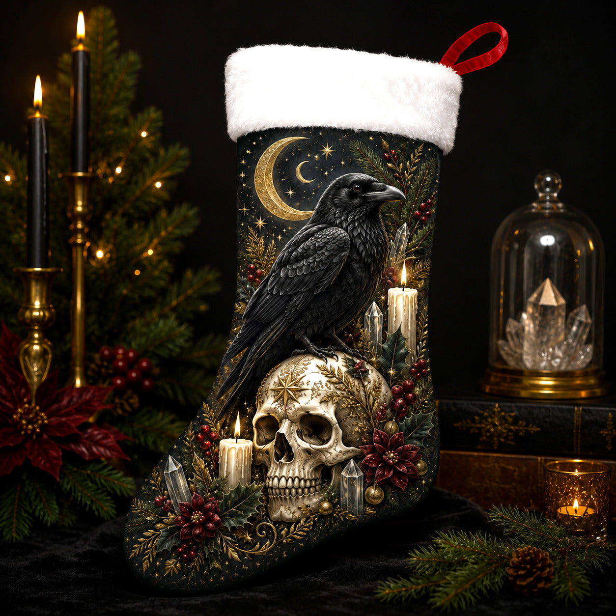 Raven And Skull Christmas Stocking Gothic Occult Holiday Decor, styled shot 4