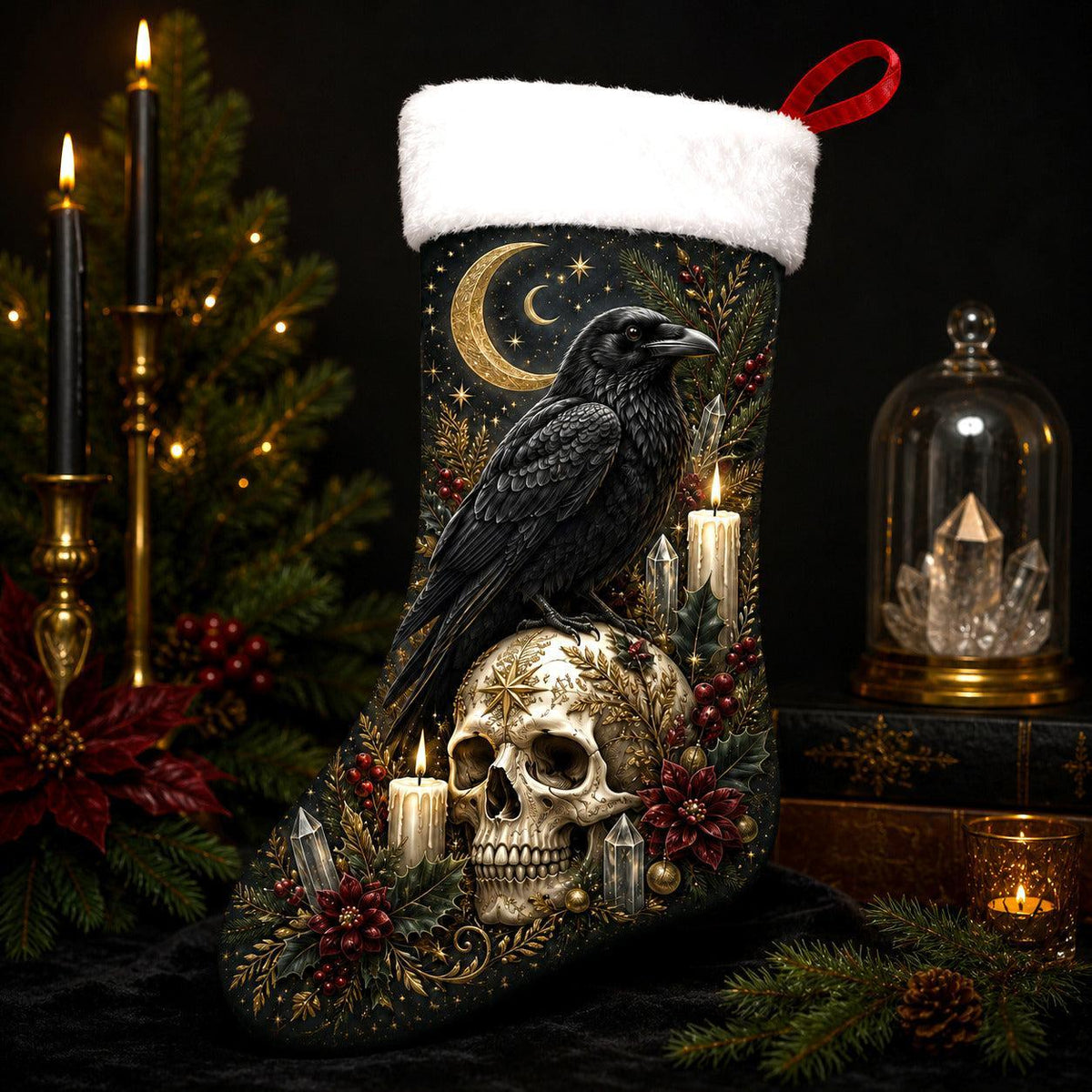 Raven And Skull Christmas Stocking Gothic Occult Holiday Decor, styled shot 4
