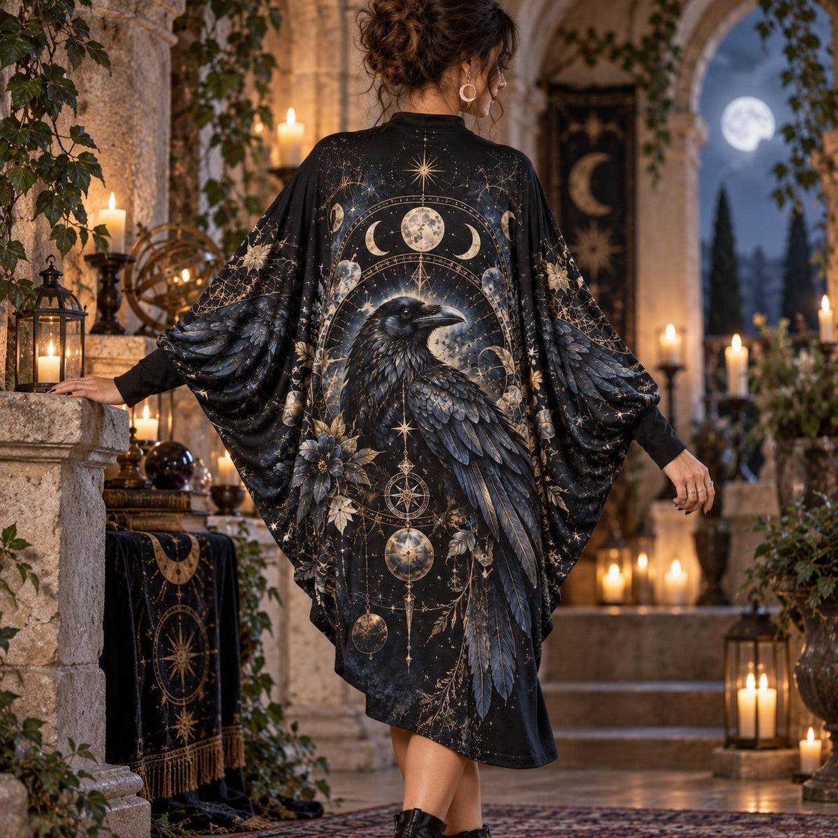Raven Moon Gothic Batwing Dress – Witchy Celestial Dark Academia Midi – worn, back view