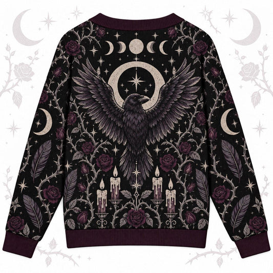 Raven Rose Moon Phase Samhain Cardigan for Women Gothic Witchy Sweater, back view