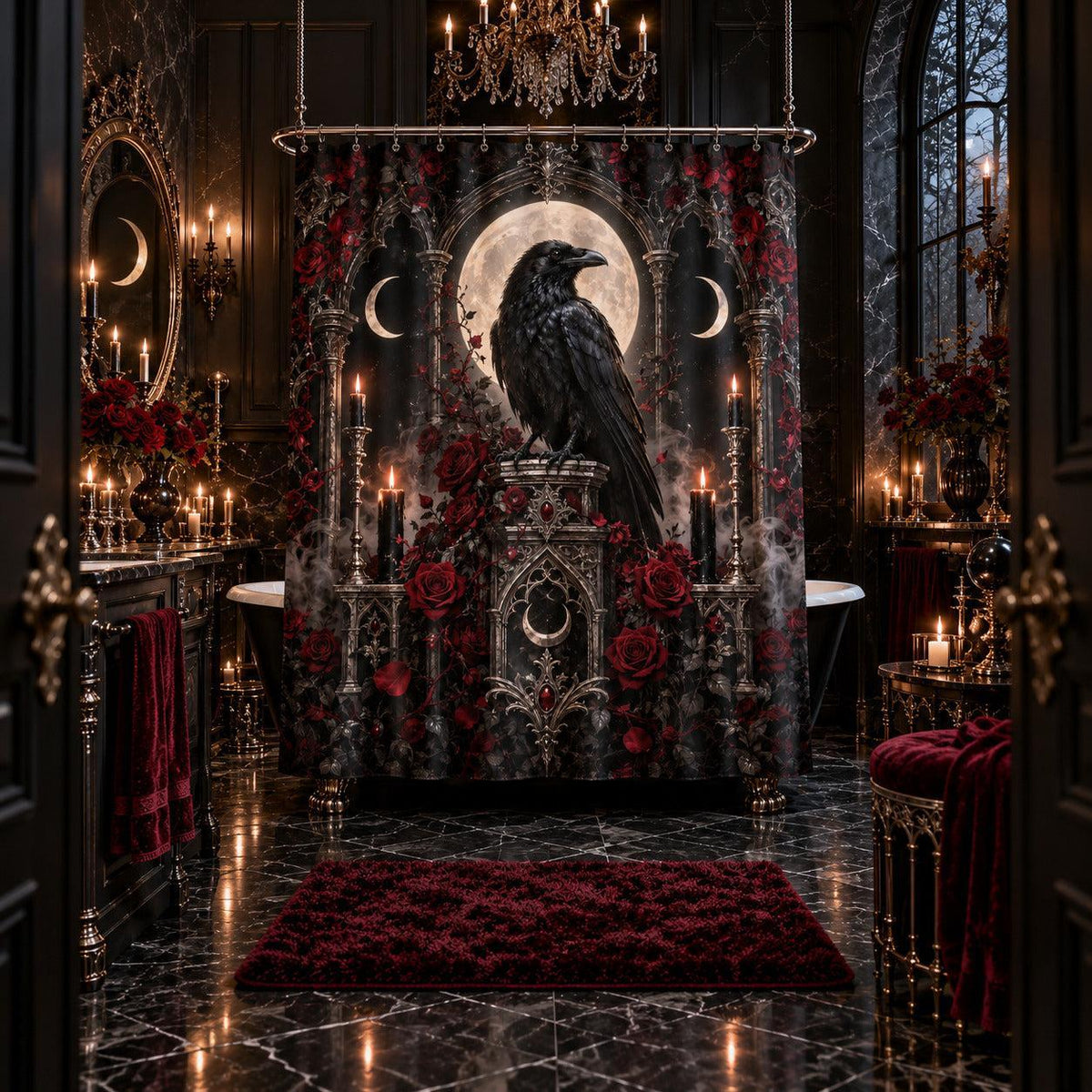 Raven Shower Curtain - Gothic Rose Moon Witchy Bathroom Decor, styled shot 5