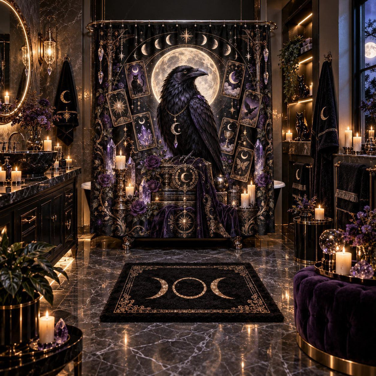 Raven Tarot Shower Curtain - Gothic Moon Celestial Decor, styled shot 5