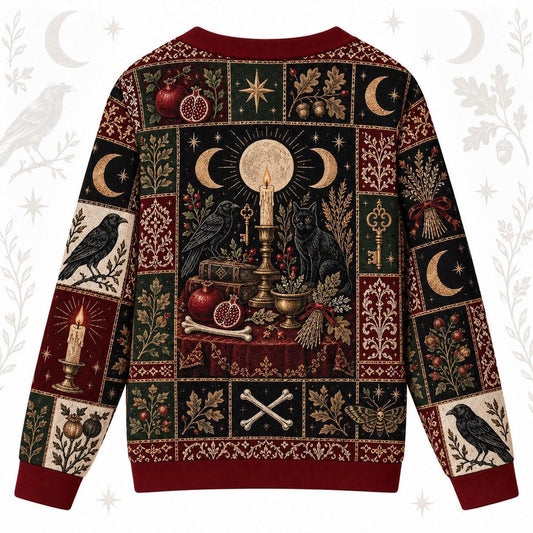 Raven Triple Moon Black Cat Samhain Cardigan for Women Red Patchwork, back view