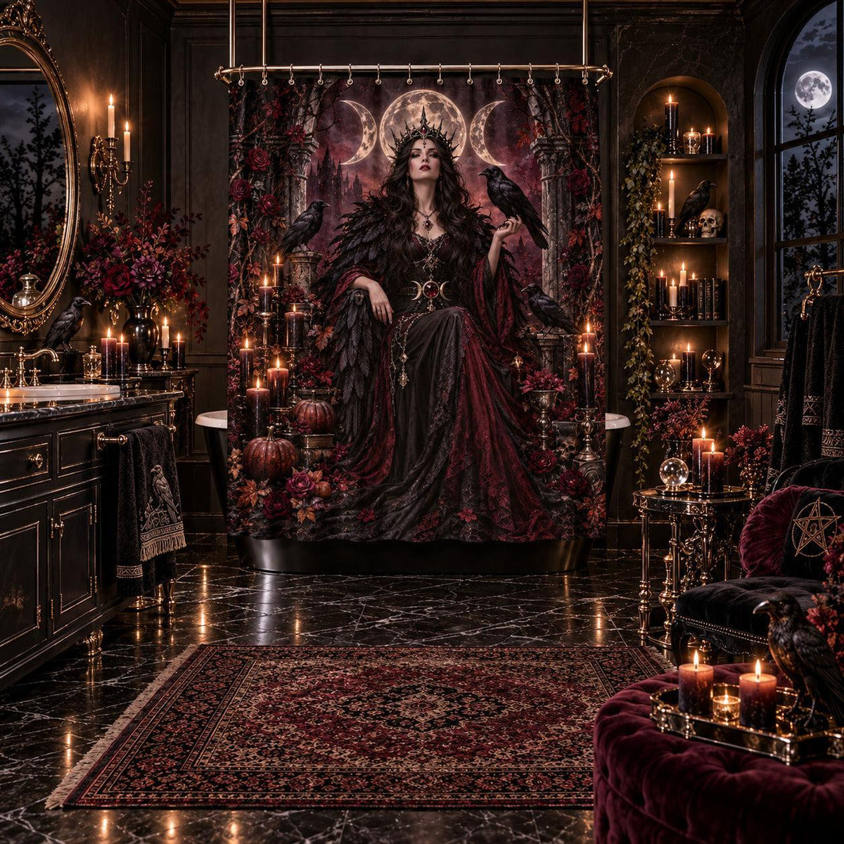 Raven Witch Shower Curtain - Samhain Gothic Goddess Decor, styled shot 5
