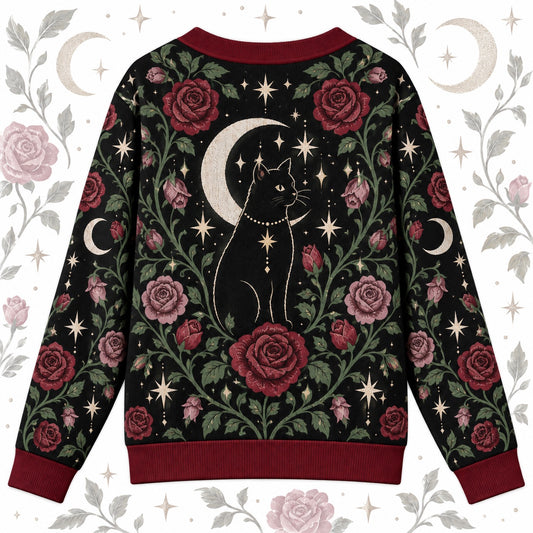 Red Rose Black Cat Crescent Moon Witchy Cardigan for Women Dark Floral, back view