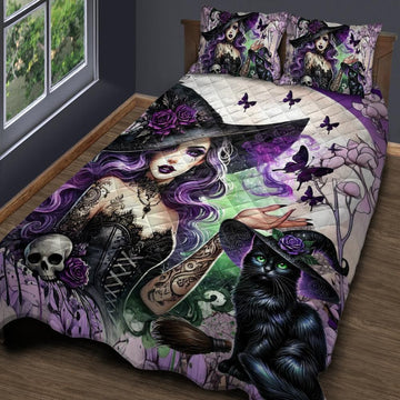 Witchy Black Cat and Gothic Witch Quilt Bedding Set-MoonChildWorld
