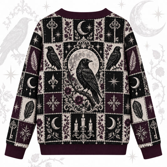 Rose and Key Raven Patchwork Cardigan for Women Full Moon Gothic Plum, back view