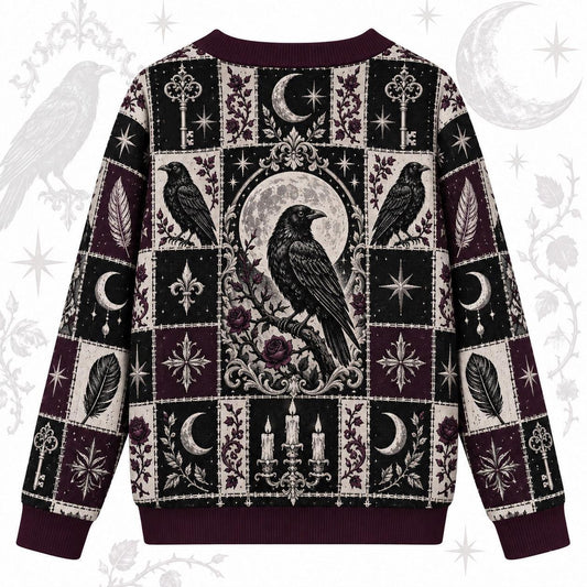 Rose and Key Raven Patchwork Cardigan for Women Full Moon Gothic Plum, back view