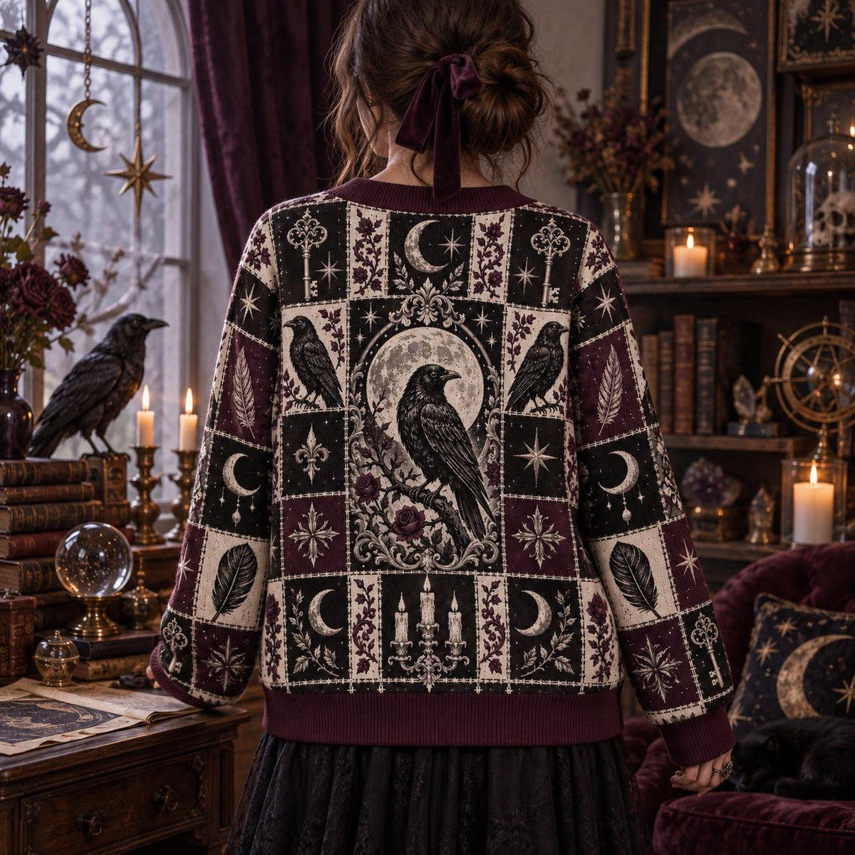 Rose and Key Raven Patchwork Cardigan for Women Full Moon Gothic Plum, worn, back view