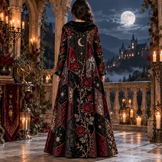 Rose Thorn Hex Gothic Cowl Neck Dress โ Witchy Crimson Rose Maxi โ worn, back view