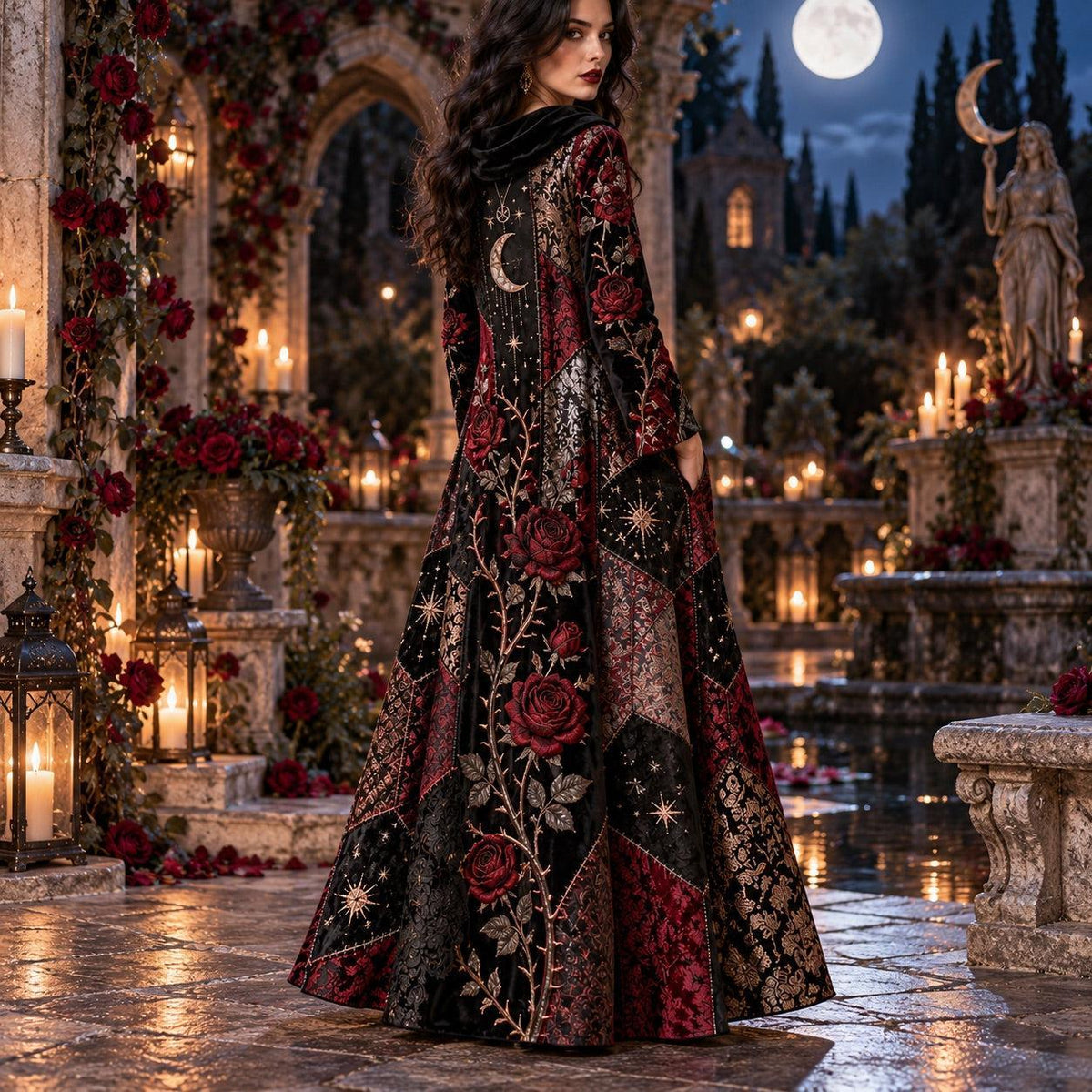 Rose Thorn Hex Gothic Cowl Neck Dress – Witchy Crimson Rose Maxi – worn, showing the side pocket