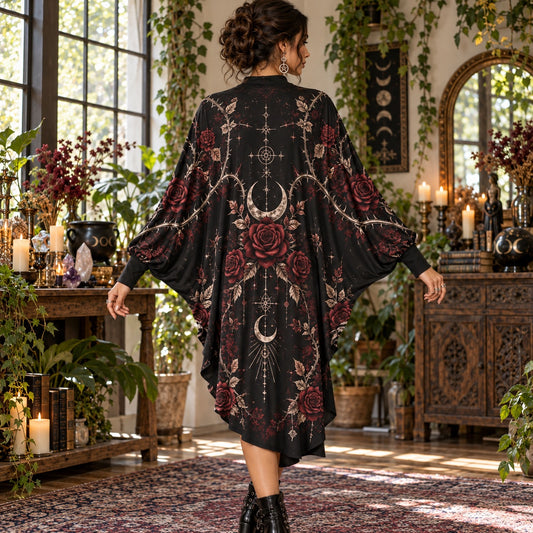 Rose Thorn Moon Gothic Batwing Dress โ Witchy Dark Romantic Midi โ worn, back view