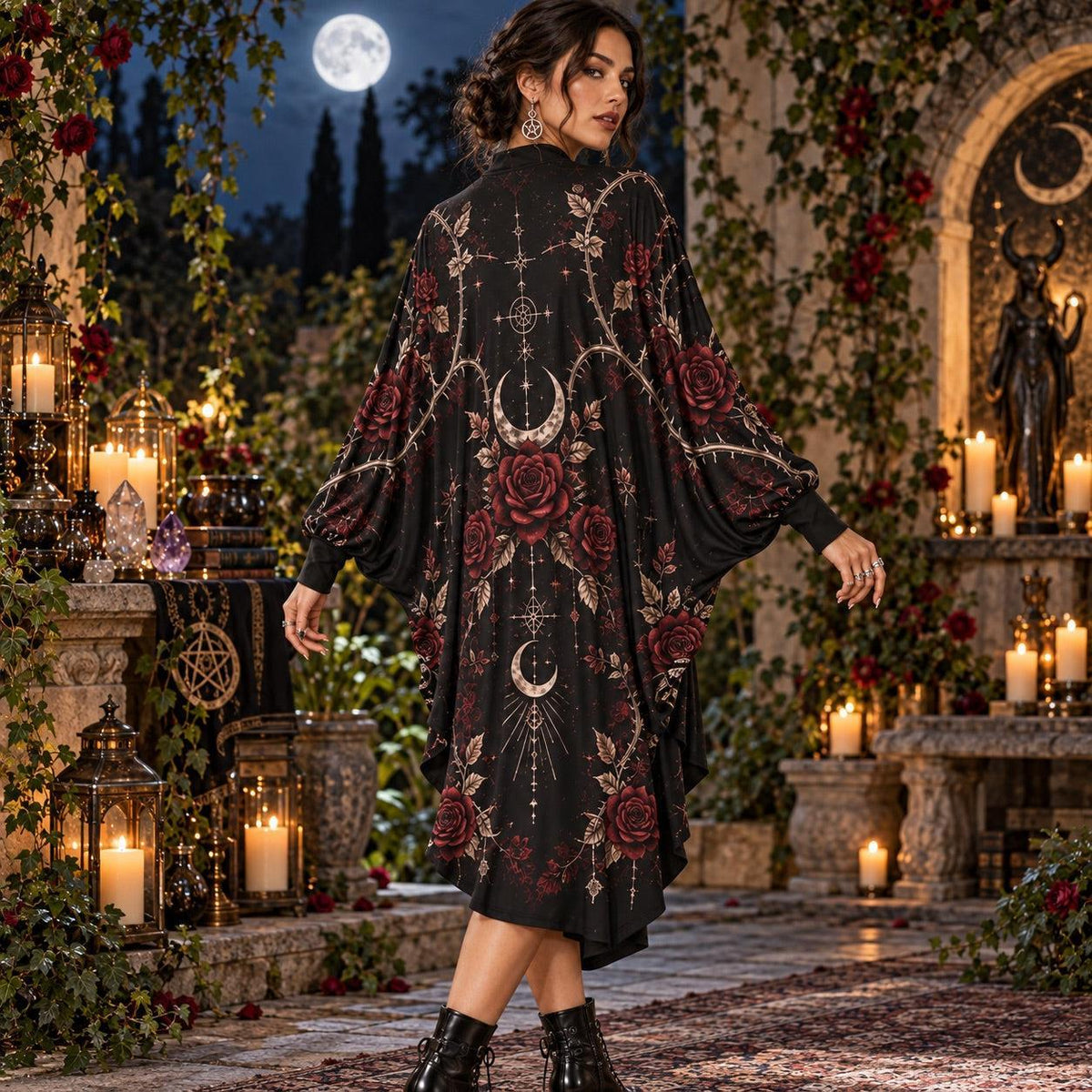 Rose Thorn Moon Gothic Batwing Dress – Witchy Dark Romantic Midi – worn, three quarter view