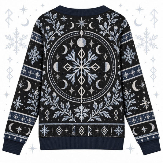 Rune Snowflake Moon Phase Pagan Cardigan for Women Navy Striped Sleeves, back view