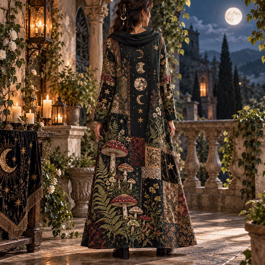Sacred Mushroom Moon Witchy Cowl Neck Dress โ Forest Patchwork Maxi โ worn, back view
