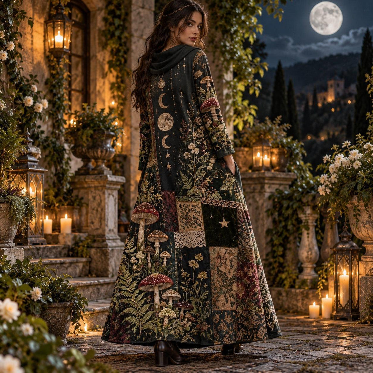 Sacred Mushroom Moon Witchy Cowl Neck Dress – Forest Patchwork Maxi – worn, three quarter view