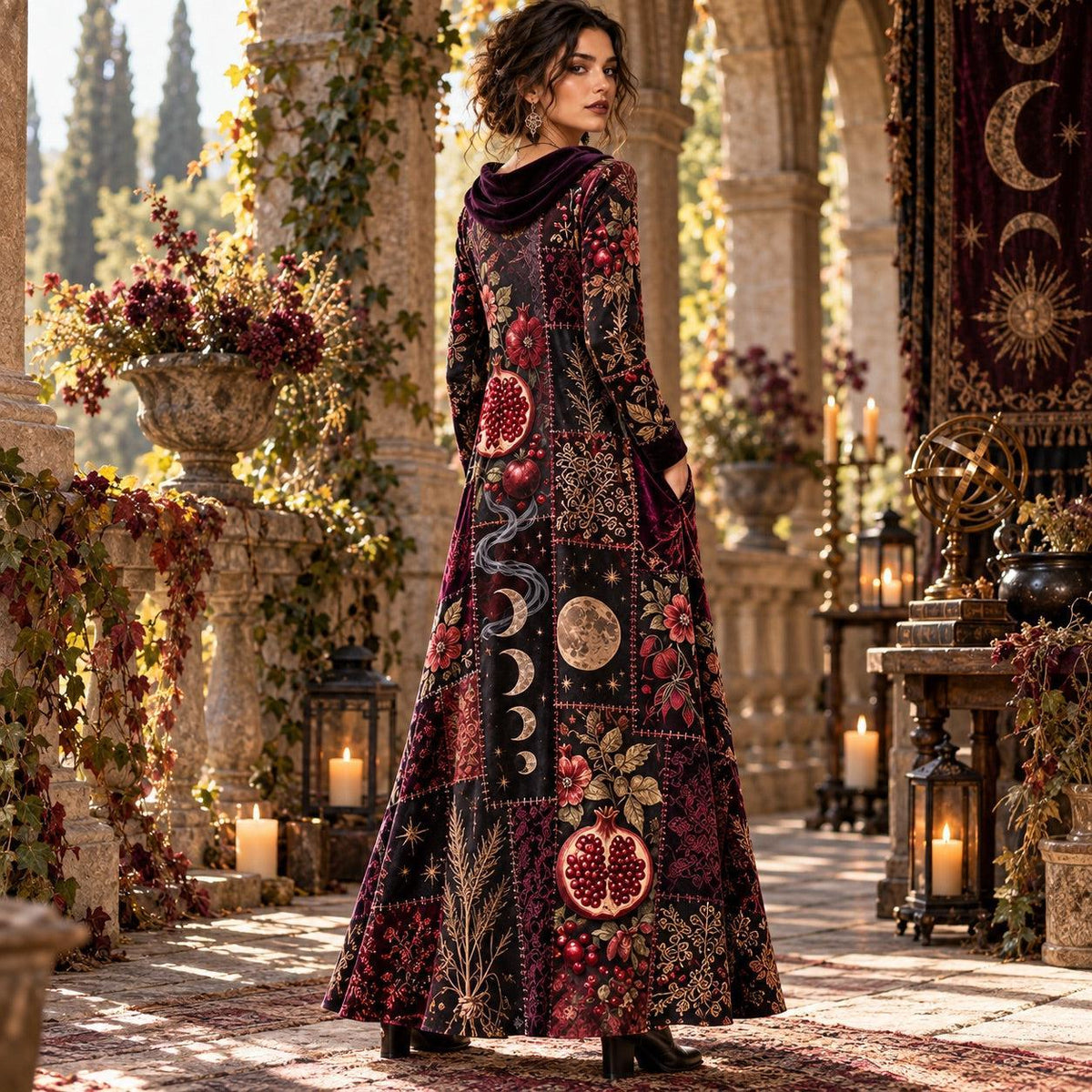 Samhain Pomegranate Witchy Cowl Neck Dress – Gothic Moon Phase Maxi – worn, three quarter view
