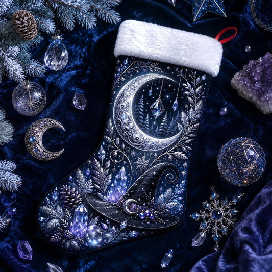 Silver Crescent Christmas Stocking Celestial Crystal Yule Decor, styled shot 2