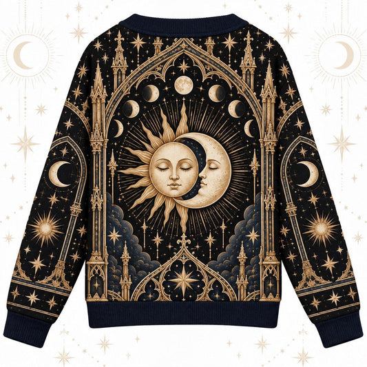 Sleeping Sun and Moon Cathedral Celestial Cardigan for Women Navy Gold, back view