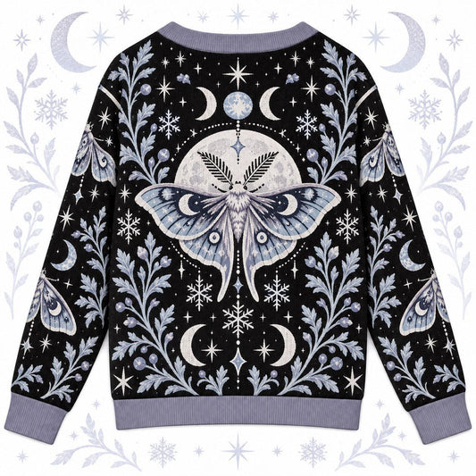 Snowflake Triple Moon Luna Moth Cardigan for Women Icy Blue Winter, back view