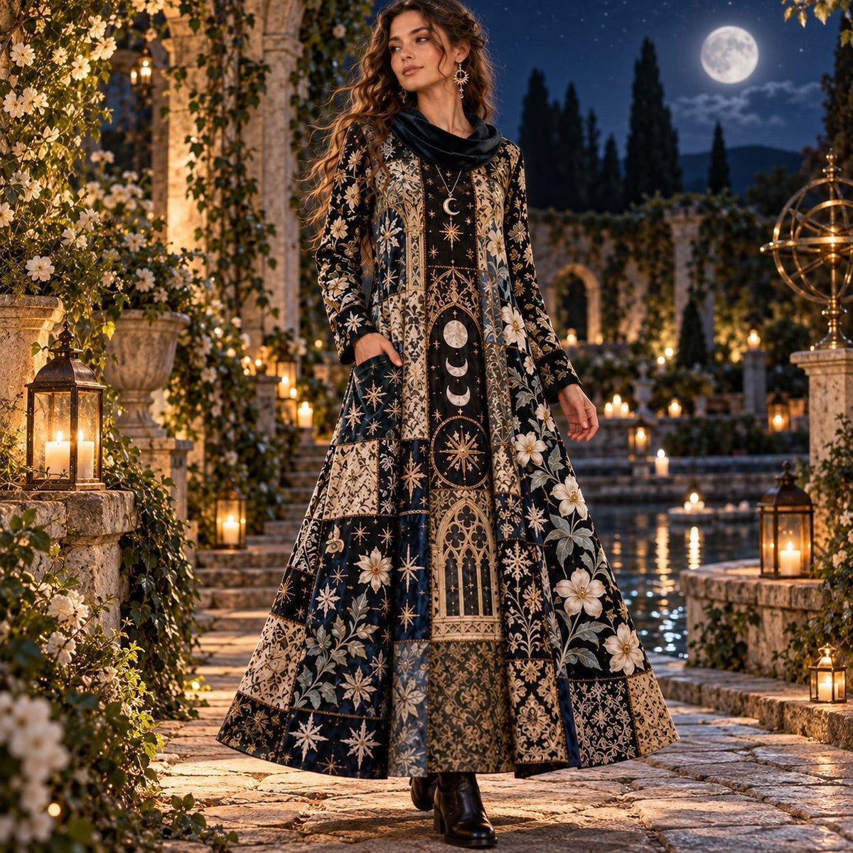 Solstice Moon Priestess Celestial Cowl Neck Dress – Pagan Patchwork Maxi – worn, in motion