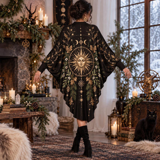 Solstice Sun Wheel Pagan Batwing Dress – Yule Witchy Celestial Midi – worn, back view