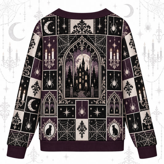 Spiderweb Moonlit Manor Gothic Cardigan for Women Plum Patchwork, back view