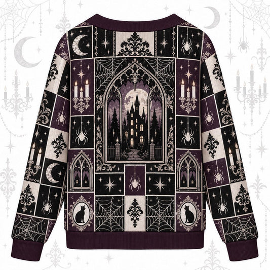 Spiderweb Moonlit Manor Gothic Cardigan for Women Plum Patchwork, back view