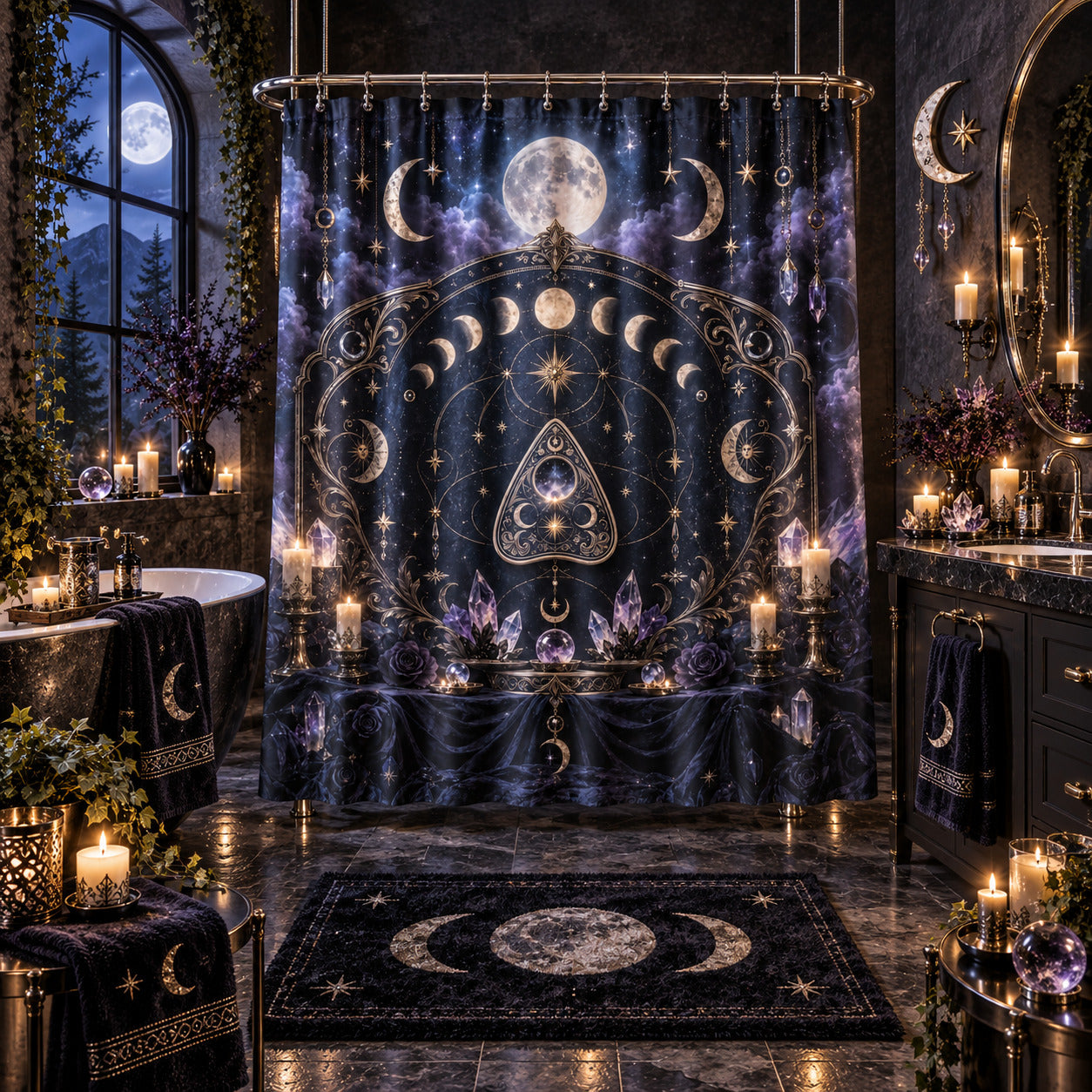 Spirit Board Planchette Shower Curtain - Gothic Moon Arch Decor, styled shot 5