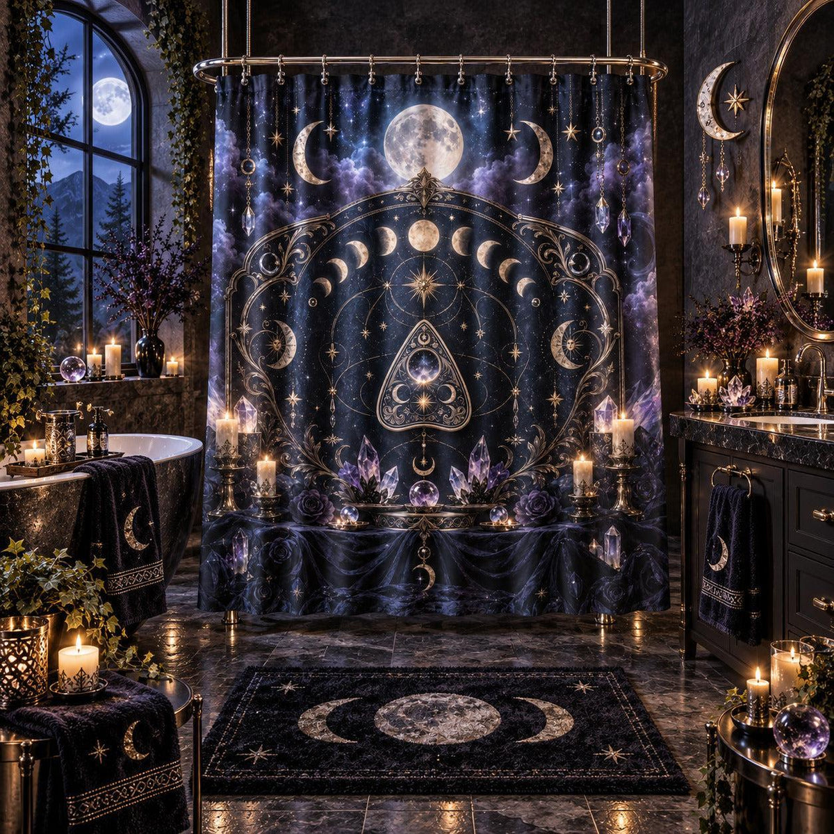 Spirit Board Planchette Shower Curtain - Gothic Moon Arch Decor, styled shot 5