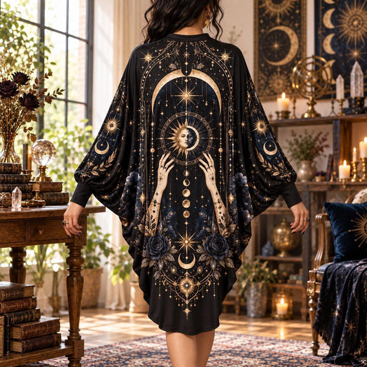 Sun and Moon Celestial Batwing Dress – Gothic Witchy Oracle Midi – worn, back view