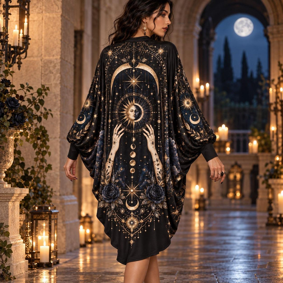 Sun and Moon Celestial Batwing Dress – Gothic Witchy Oracle Midi – worn, back view