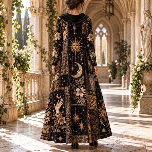Sun and Moon Hand Celestial Cowl Neck Dress โ Witchy Patchwork Maxi โ worn, back view