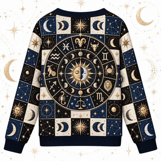 Sun and Moon Zodiac Wheel Patchwork Cardigan for Women Astrology, back view
