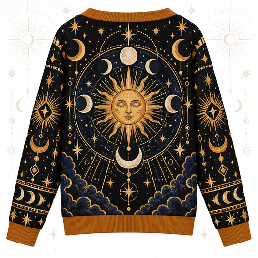 Sun Face Moon Phase Winter Solstice Cardigan for Women Celestial Gold, back view